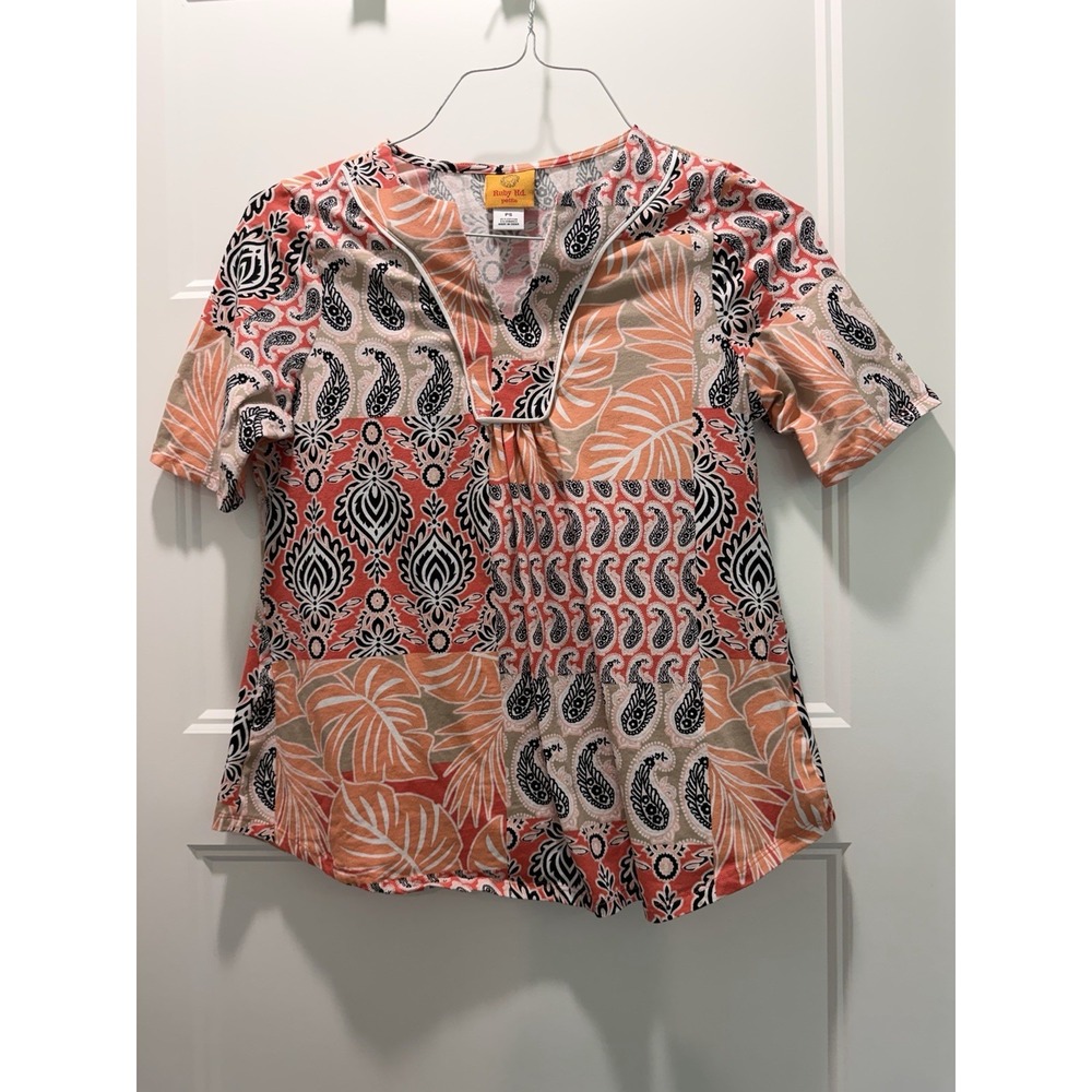 Ruby Rd Petite PS Patchwork Paisley Top Coral Tropical Split Neck Cotton Blend